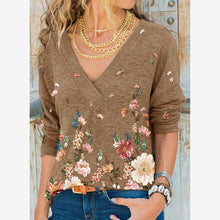 Women's Autumn V-neck Flower Print Long-sleeved Casual T-shirt Plus Size