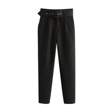 Office Wear Pants With Belt Side Pockets - Women's High Waist Ankle Trousers
