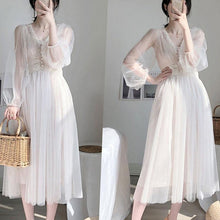 2021 Women Spring Dress Vintage Elegant with Button A-Line Dress Solid Puff Sleeve Lace Voile Mesh Dress Women Vestidos 8126 - Fab Getup Shop