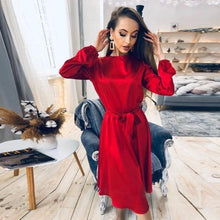 Women Vintage Sashes Satin A-line Party Dress Long Sleeve O neck Solid Elegant Casual Mid Dress 2021 Summer New Fashion Dress - Fab Getup Shop
