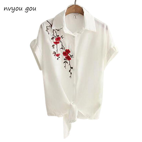 Top Summer Women Casual Tops Short Sleeve Embroidery White Top Blouses Shirts - Fab Getup Shop