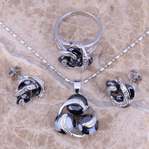 Charming Black Sapphire Silver Jewelry Sets Earrings Pendant Ring Size 6 / 7 / 8 / 9 / 10 / 11 / 12 Free Gift Bag S0122 - Fab Getup Shop