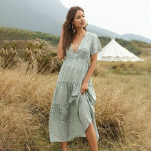 Women Boho Summer Deep V Neck Short Sleeves Maxi Dress
