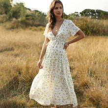 Women Boho Summer Deep V Neck Short Sleeves Maxi Dress