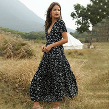 Women Boho Summer Deep V Neck Short Sleeves Maxi Dress