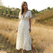 Women Boho Summer Deep V Neck Short Sleeves Maxi Dress