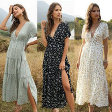 Women Boho Summer Deep V Neck Short Sleeves Maxi Dress