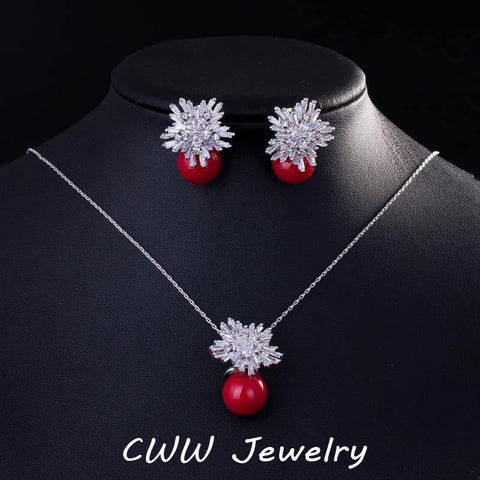 New Fashion Jewelry Cubic Zircon Flower With Big Red Pearl Pendant Necklace And Earrings Set For Ladies Best Friend Gift T209 - Fab Getup Shop