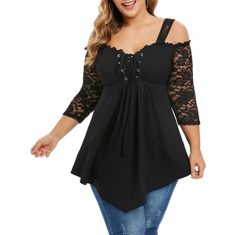 6XL Plus Size Women Shirt Off Shoulder Ladies Tops Lace Long Sleeve Black Blouses - Fab Getup Shop