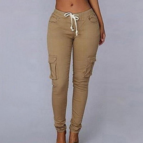 Fitness Solid Trousers Casual Female Multi-Pockets Drawstring Tie Trousers Slight Jogger Pencil Pants - Fab Getup Shop