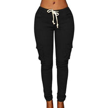 Fitness Solid Trousers Casual Female Multi-Pockets Drawstring Tie Trousers Slight Jogger Pencil Pants - Fab Getup Shop