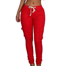 Fitness Solid Trousers Casual Female Multi-Pockets Drawstring Tie Trousers Slight Jogger Pencil Pants - Fab Getup Shop