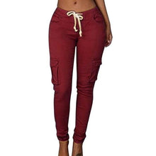 Fitness Solid Trousers Casual Female Multi-Pockets Drawstring Tie Trousers Slight Jogger Pencil Pants - Fab Getup Shop