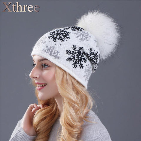 XTHREE real mink pom poms wool rabbit fur knitted hat Skullies winter hat for women girls hat feminino beanies hat - Fab Getup Shop