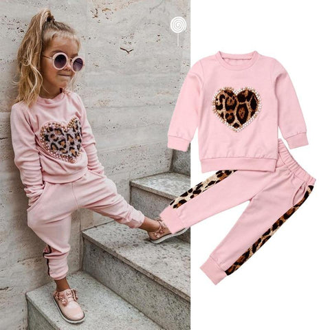Girls Winter Clothes Sets Pink Long Sleeve Leopard Tops Long Pants Outfit Tracksuit - Fab Getup Shop