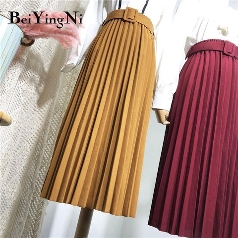 High Waist  Skirt Casual Vintage Solid Belted Pleated Midi Skirts Lady 11 Colors - Fab Getup Shop
