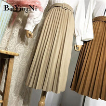 High Waist  Skirt Casual Vintage Solid Belted Pleated Midi Skirts Lady 11 Colors - Fab Getup Shop