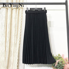 High Waist  Skirt Casual Vintage Solid Belted Pleated Midi Skirts Lady 11 Colors - Fab Getup Shop