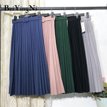 High Waist  Skirt Casual Vintage Solid Belted Pleated Midi Skirts Lady 11 Colors - Fab Getup Shop