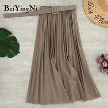 High Waist  Skirt Casual Vintage Solid Belted Pleated Midi Skirts Lady 11 Colors - Fab Getup Shop