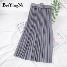 High Waist  Skirt Casual Vintage Solid Belted Pleated Midi Skirts Lady 11 Colors - Fab Getup Shop