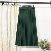 High Waist  Skirt Casual Vintage Solid Belted Pleated Midi Skirts Lady 11 Colors - Fab Getup Shop