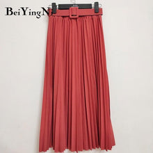 High Waist  Skirt Casual Vintage Solid Belted Pleated Midi Skirts Lady 11 Colors - Fab Getup Shop