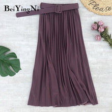 High Waist  Skirt Casual Vintage Solid Belted Pleated Midi Skirts Lady 11 Colors - Fab Getup Shop