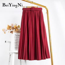 High Waist  Skirt Casual Vintage Solid Belted Pleated Midi Skirts Lady 11 Colors - Fab Getup Shop