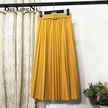 High Waist  Skirt Casual Vintage Solid Belted Pleated Midi Skirts Lady 11 Colors - Fab Getup Shop