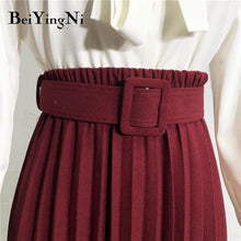 High Waist  Skirt Casual Vintage Solid Belted Pleated Midi Skirts Lady 11 Colors - Fab Getup Shop