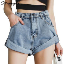 Denim Shorts Women's White Women Short Jeans Khaki Wide Leg Elastic Waist Vintage High Waist - Fab Getup Shop