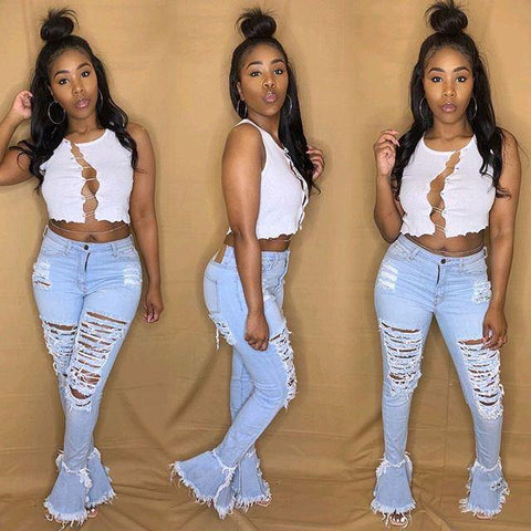 Ripped jeans Fringe Hollow out Ruffle Flare denim Pants High Waist  Bodycon Hole - Fab Getup Shop
