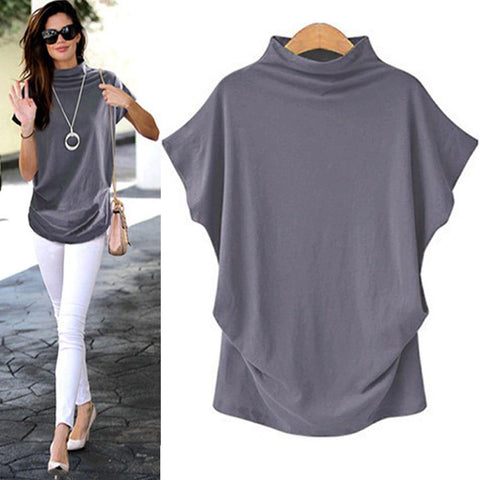 Loose T-Shirt Tees Tops Turtleneck Short Sleeve Cotton - Fab Getup Shop