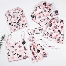 Women's 7 Pieces Pajamas Sets Faux Silk Striped Pajama Women Sleepwear Sets Spring Summer Autumn - Fab Getup Shop
