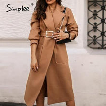 Simplee Office lady camel autumn winter female wool coat High street fashion long sleeve coat Elegant pocket outwear with belt - Fab Getup Shop