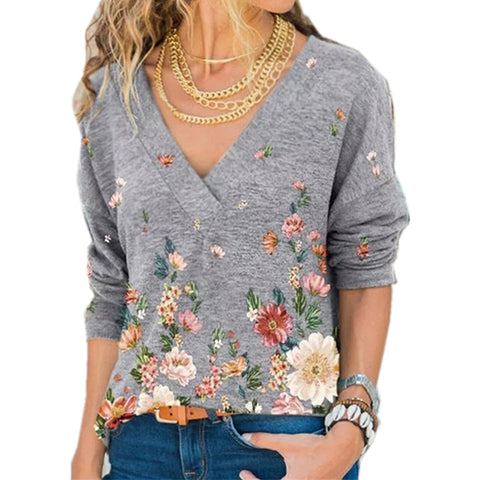 Women's Autumn V-neck Flower Print Long-sleeved Casual T-shirt Plus Size