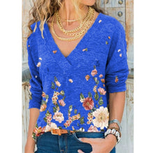 Women's Autumn V-neck Flower Print Long-sleeved Casual T-shirt Plus Size