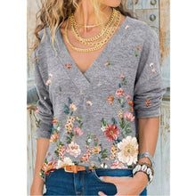 Women's Autumn V-neck Flower Print Long-sleeved Casual T-shirt Plus Size