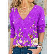 Women's Autumn V-neck Flower Print Long-sleeved Casual T-shirt Plus Size