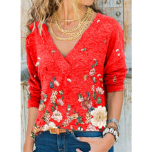 Women's Autumn V-neck Flower Print Long-sleeved Casual T-shirt Plus Size