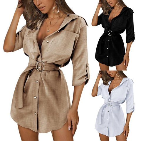 2021 Women Dress Summer Female Cotton Linen Office Lady Fashion Wild V-Neck Solid Color Button Sashes Mini Elegant Clothing - Fab Getup Shop