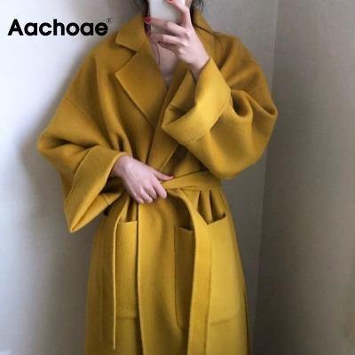 Aachoae Elegant Solid Long Wool Coat Women Batwing Long Sleeve Loose Pocket Coat Split Hem Chic Stylish Jacket Winter Autumn - Fab Getup Shop