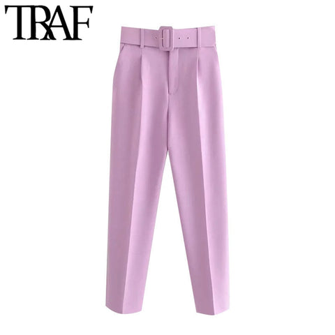 Office Wear Pants With Belt Side Pockets - Women's High Waist Ankle Trousers