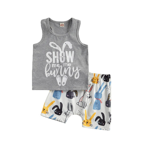 2020 New 6M-4Y Toddler Kid Baby Girl Boy Summer 2Pcs Set BUNNY Letter Print Vest Sleeveless Gray Top+Rabbit Shorts Easter Outfit - Fab Getup Shop