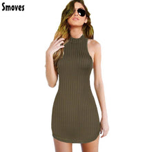 Smoves New S-L Choker Neck Women's Olive Green Stripped Halter Bodycon Dress Mini Club Party Dress - Fab Getup Shop