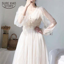 2021 Women Spring Dress Vintage Elegant with Button A-Line Dress Solid Puff Sleeve Lace Voile Mesh Dress Women Vestidos 8126 - Fab Getup Shop