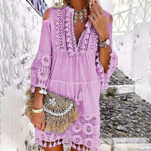 Summer tassel boho dress women v Neck seven sleeve loose short dresses femme holiday bohemian chic dress plus size rode - Fab Getup Shop