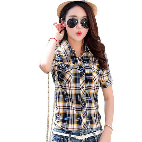 Brand Summer Style Plaid Print Short Sleeve Shirts Women Plus Size Blouses Casual 100% Cotton Tops Blusas 14 Colors - Fab Getup Shop