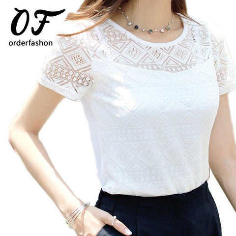 Women Lace Blouse Femme Tops Chiffon Shirt Summer  White Short Sleeve Blusa Feminina Hollow Women Top Shirt Blouse Plus Size - Fab Getup Shop